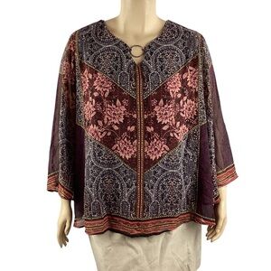 Cato Sheer Sleeve Boho Print Keyhole Blouse 22/24W Burgundy Black